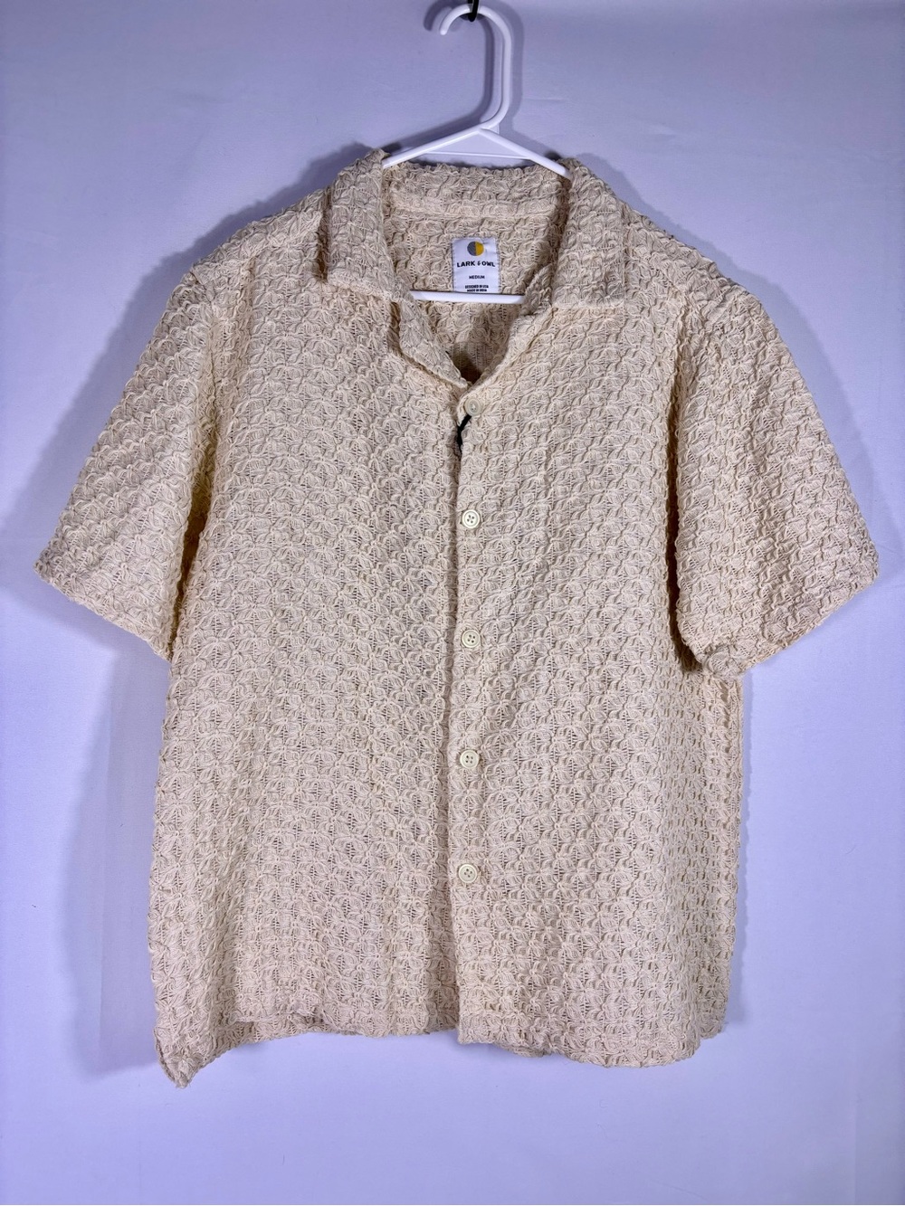 NWT Lark & Owl Crochet Button Up Shirt Cream Camp Collar Textured Boho Coastal M